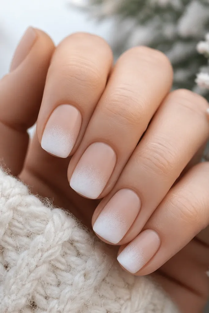Short squoval nails with a nude base fading into white at the tips. The white area looks soft and powdery, and the finish is matte like winter snow.