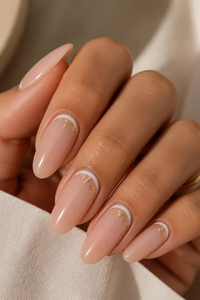 Almond nails featuring a curved white half-moon near the cuticle. A few tiny gold foil flecks sit scattered around the half-moon area, with a glossy top coat.