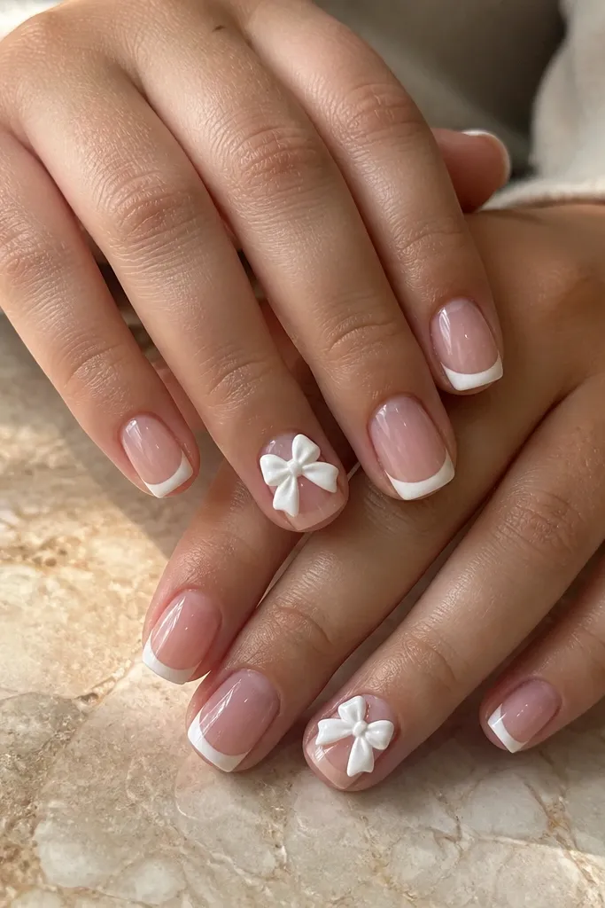 Coffin extensions painted in sheer nude with thin white tips. One accent nail on each hand has a small 3D bow shape outlined in white, with glossy top coat and subtle shadowing under the bow.