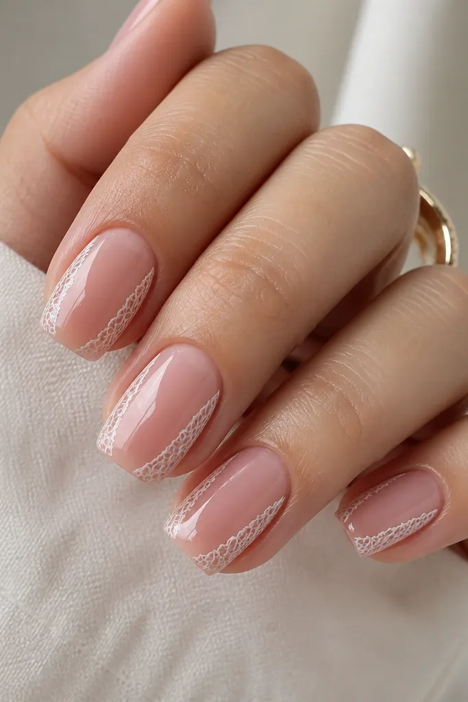 Square-to-squoval extensions in sheer pink with delicate white lace linework along the sides. The center stays mostly clear, and the finish is glossy.