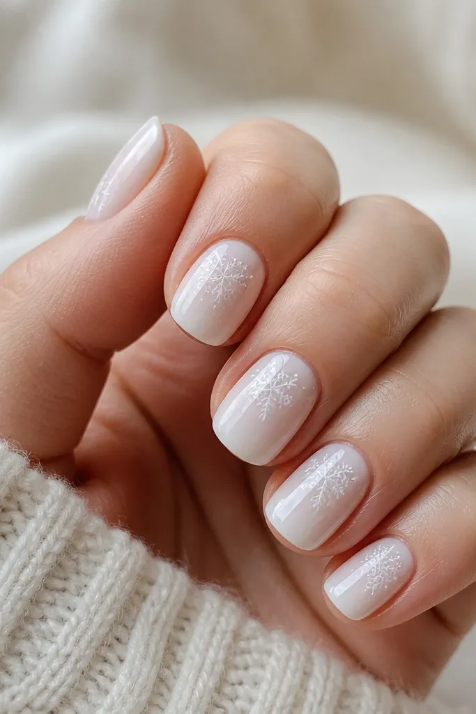 Short oval nails with a sheer white base. Tiny snowflakes stamped across the top half of each nail in a slightly darker white, finished glossy with a clean cuticle line.