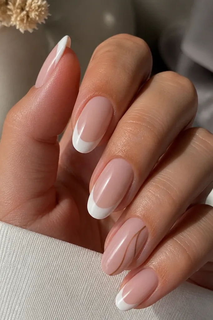 Medium oval nails with a nude base. The tips are dipped in warm white, and one accent nail has a thin latte-brown stripe running diagonally. Glossy finish, clean smile line.