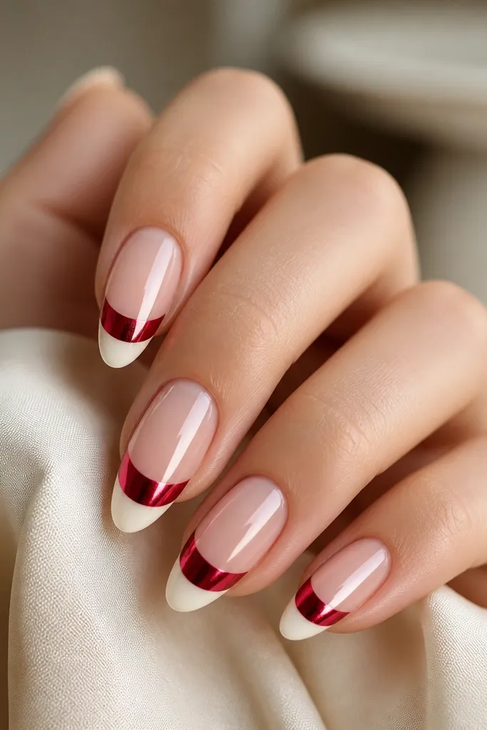 Almond nails with a creamy off-white French tip. The tip area has a ruby red mirror chrome gradient that fades from deeper red at the center to slightly lighter at the edges. The nude base is sheer and glossy, and the chrome line is perfectly straight.
