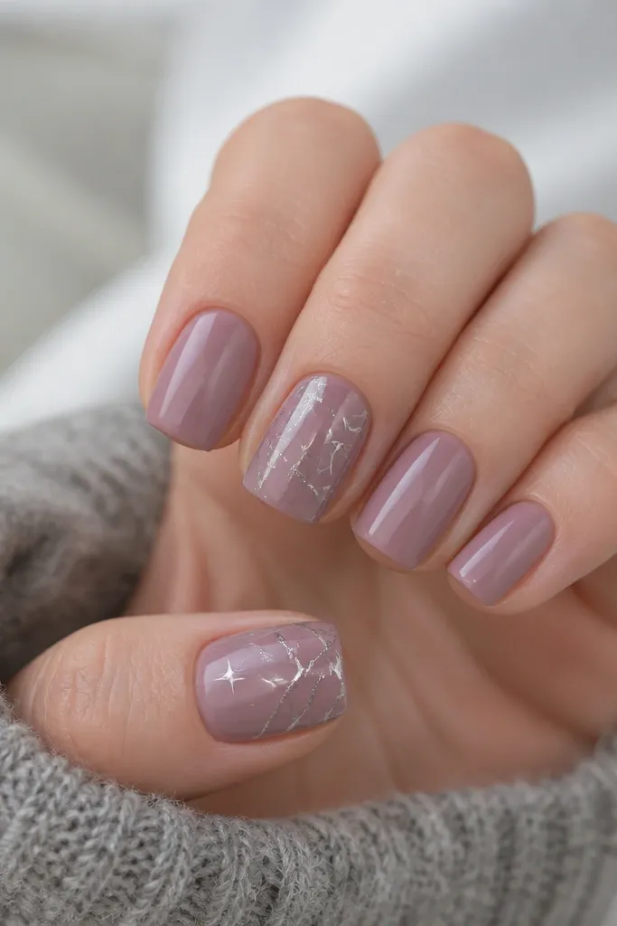 Square-short nails with a frosted mauve base. One or two nails have a silver crackle effect like icy glass, with thin branching lines. A tiny white star dot sits near the center of the crackle nail. The finish is glossy, with a smooth, glassy surface.