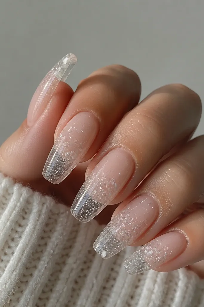 Medium-to-long nails with a clear, glassy top half and a nude base. The clear section is filled with fine white glitter that looks like it's suspended inside, not sitting on top. There are faint white flecks drifting through the clear area. The nails are glossy and see-through like a mini snow globe.