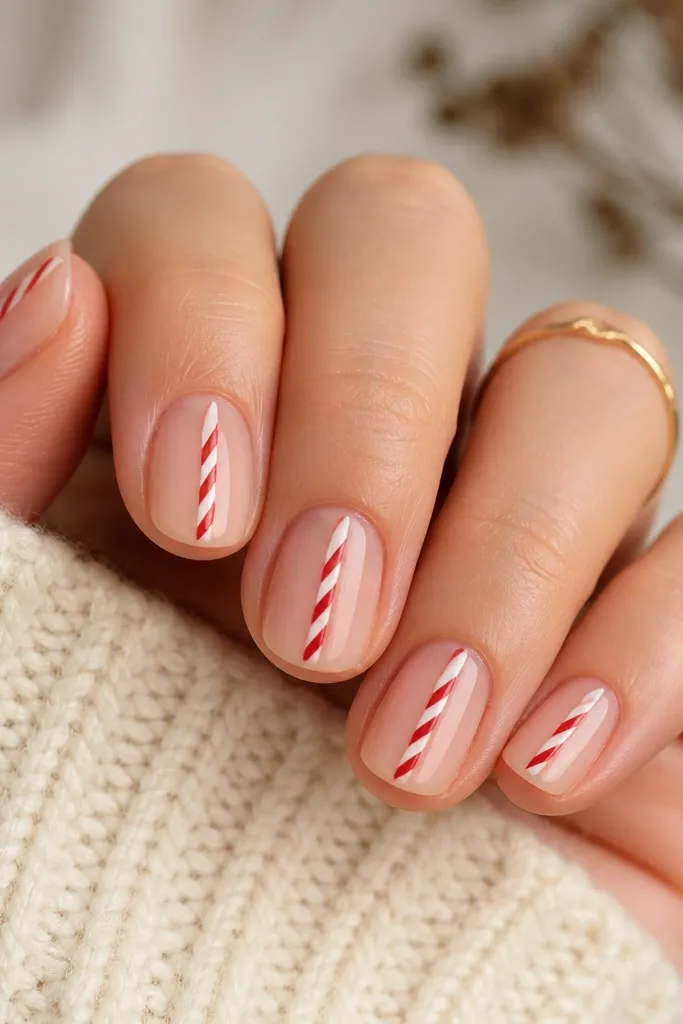 Short squoval nails with a sheer nude base and glossy finish. Each nail has thin candy cane stripes in red and white, placed vertically near the center and slightly angled like a twist. The stripes end before the tip, leaving a clean nude edge around the design.