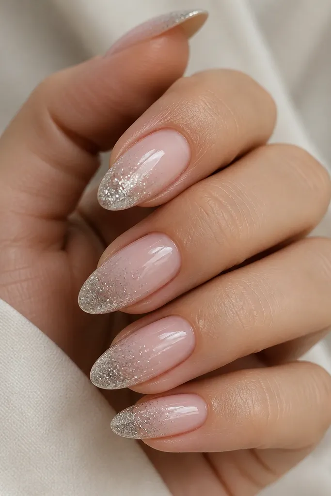 Almond nails with a sheer nude base. The tips fade from dense silver glitter at the very edge into lighter, airy sparkle as it moves toward the middle. The gradient is smooth and clean, with a glossy top coat that makes the fade look like it's floating.