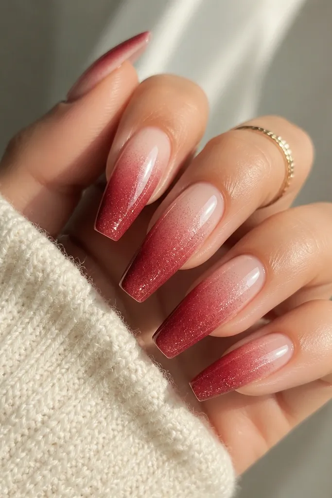 Long coffin nails showing a cream nude ombre fading into a soft red velvet tone. Micro holographic shimmer sits lightly through the transition, and the tips have a smooth glossy finish.