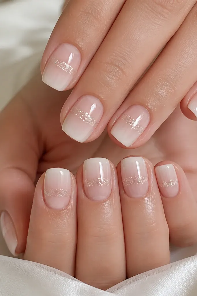 Square-short nails with a sheer nude-to-ice white ombre. The middle of each nail has a clear jelly-like band, and tiny silver shimmer glows inside it under a glossy top coat.