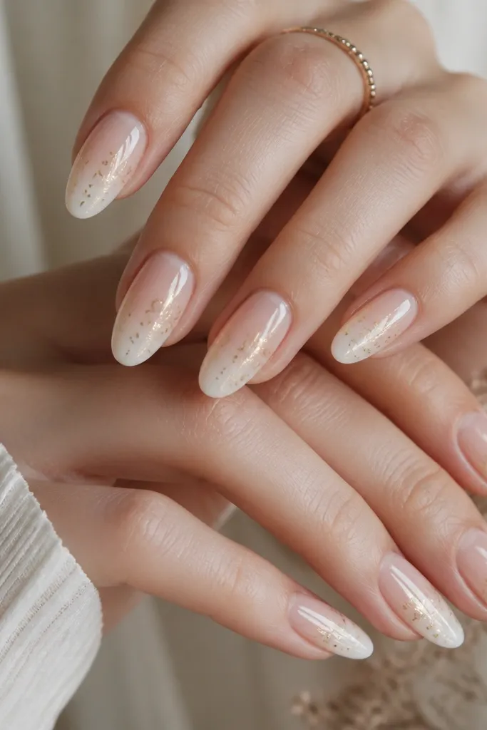 Medium almond nails with champagne nude fading into soft white at the tips. Fine gold flakes are scattered lightly in the outer third, with a mirror-gloss top coat.
