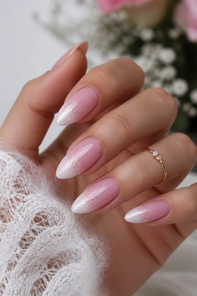 Almond nails with a soft rose ombre fading into frosty white tips. Fine shimmer looks like tiny ice crystals concentrated near the tip.