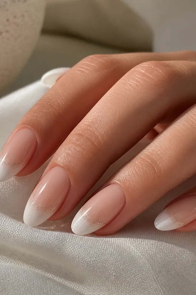 Medium almond nails with a nude base that fades into a snow white tip like an ombre French. The sparkle is a barely-there shimmer line at the fade edge.