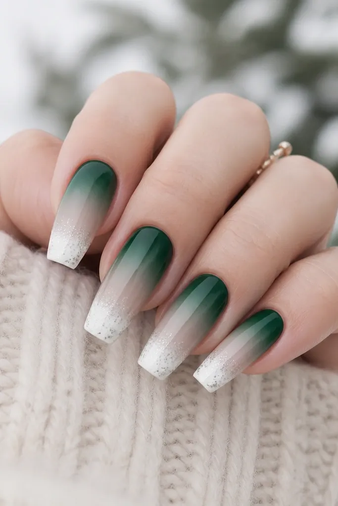 Coffin nails with an evergreen green ombre fading into sheer nude, then a white snow cap at the tip. Tiny silver shimmer is trapped near the cap.