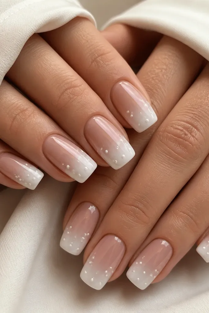 Square medium nails with a taupe nude ombre fading into frosty white. Tiny pearl-like micro dots sit in a scattered pattern around the outer third, all under glossy acrylic finish.
