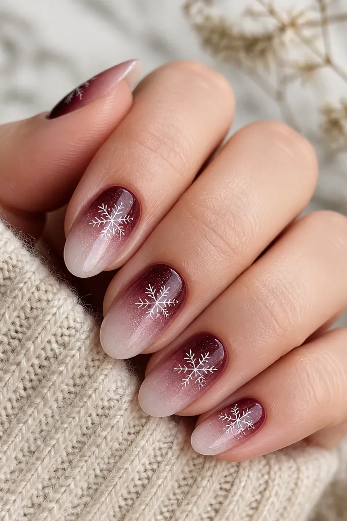 Short almond nails with a deep burgundy ombre fading into sheer white. Each nail has a small white snowflake stamp near the outer third, with light silver shimmer under the stamp.