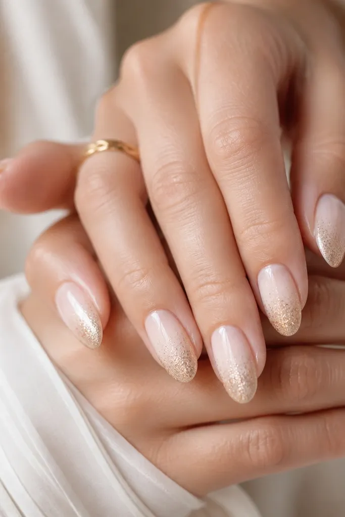 Medium almond nails with a nude base fading into a soft milky white, then a champagne gold glitter ombre that starts at the tips and fades upward slightly.