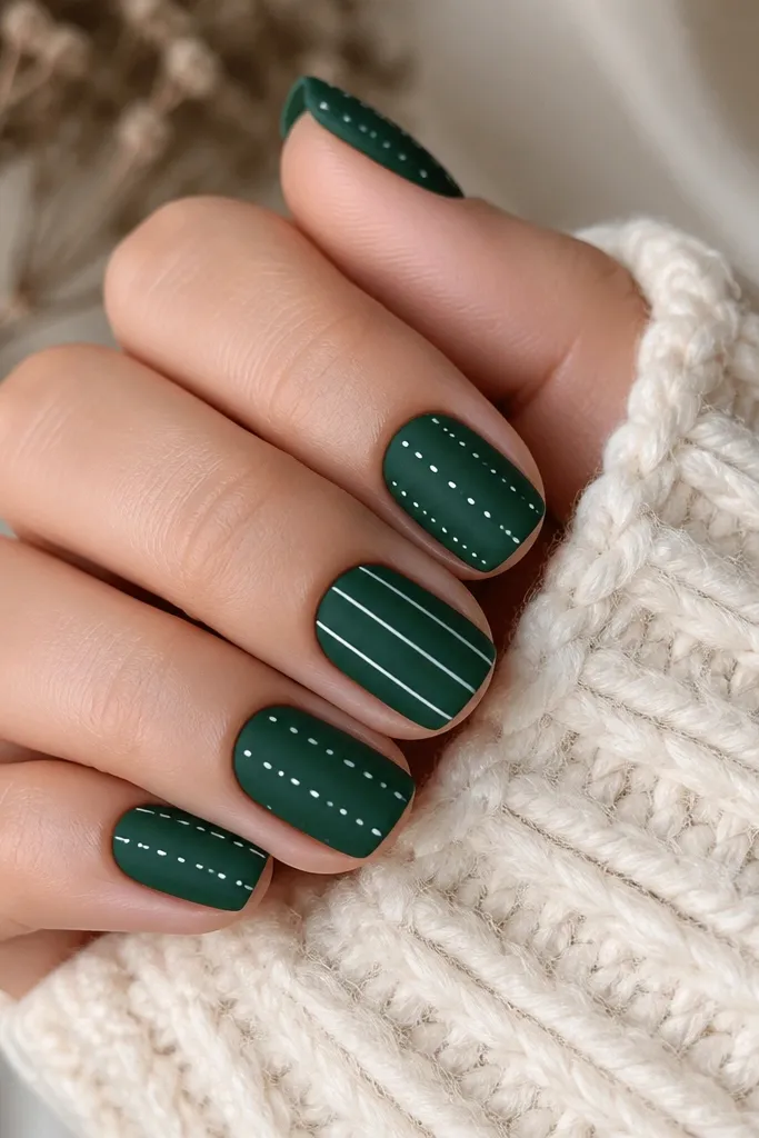 Square-short nails in a deep forest green with a soft matte-velvet finish. Two nails show thin white vertical stripes like knit ribs, and the other nails have small white dots spaced between the stripes. The cuticle area is clean, with no polish flooding the skin.