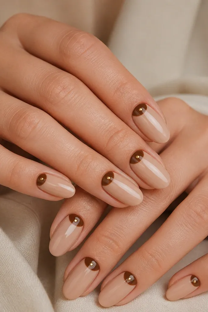 Medium almond nails painted in a champagne nude. At the cuticle on two nails per hand, there are brown glossy half-moon shapes like bauble caps, with a tiny gold dot centered on each half-moon. Everything is glossy and smooth.