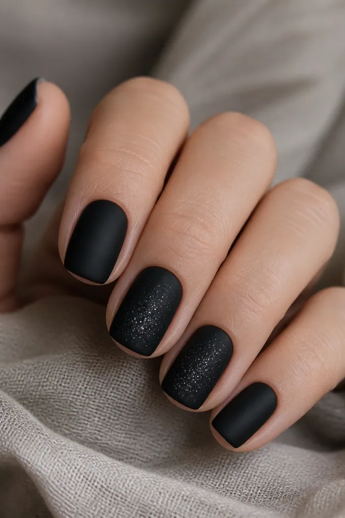 Short squoval nails painted in deep black with a subtle matte finish. One or two nails show scattered fine silver shimmer like star dust, concentrated near the center of the nail. The rest stay matte and clean.