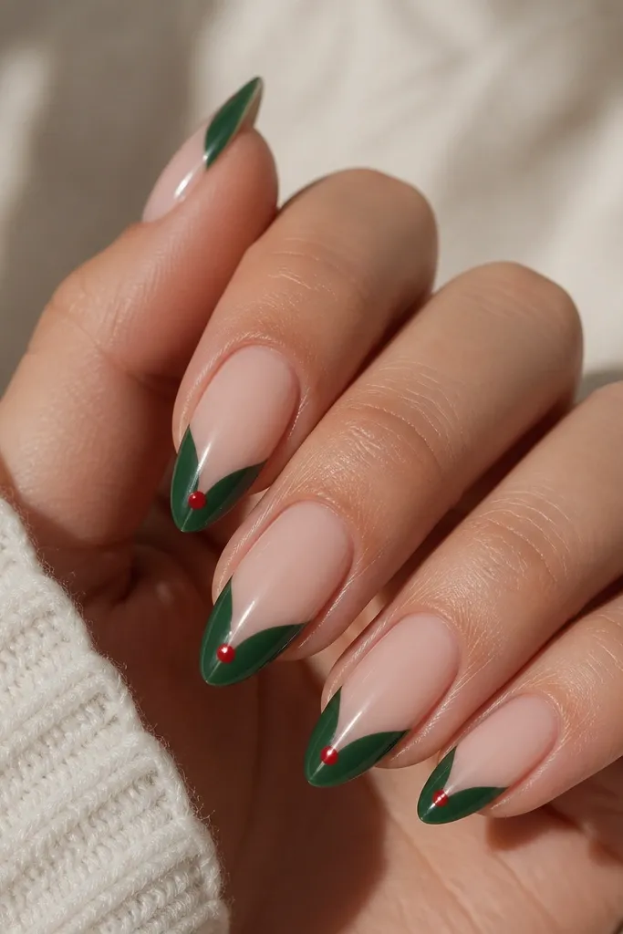 Almond nails with a sheer nude base. The tips form a V-shaped negative space at the center, filled with deep green gel on both sides, like mistletoe leaves. A tiny red dot sits at the V apex on each nail.