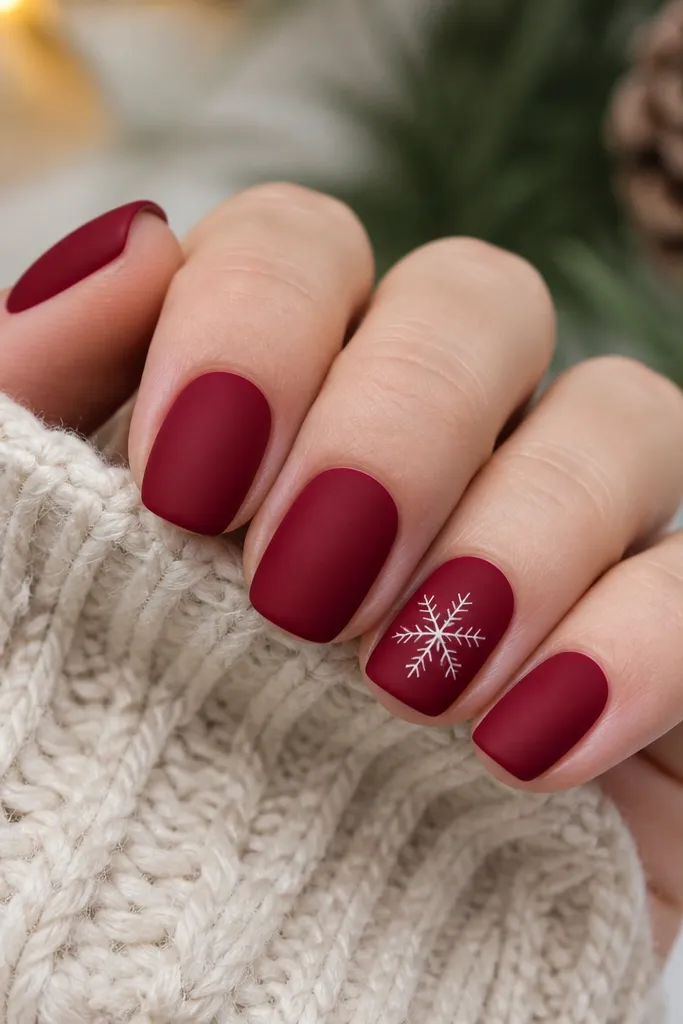 Short squoval nails in deep velvet red with a matte finish. All nails are plain except the ring finger, which has a single crisp white snowflake drawn near the center of the nail. The snowflake lines are thin and symmetrical.