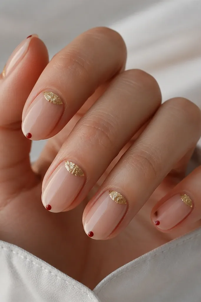 Sheer nude nails with a gold foil crescent around the cuticle area. On each nail, there's a tiny red berry dot at the center of the free edge. The gold foil looks irregular like real foil, but the edges are clean.