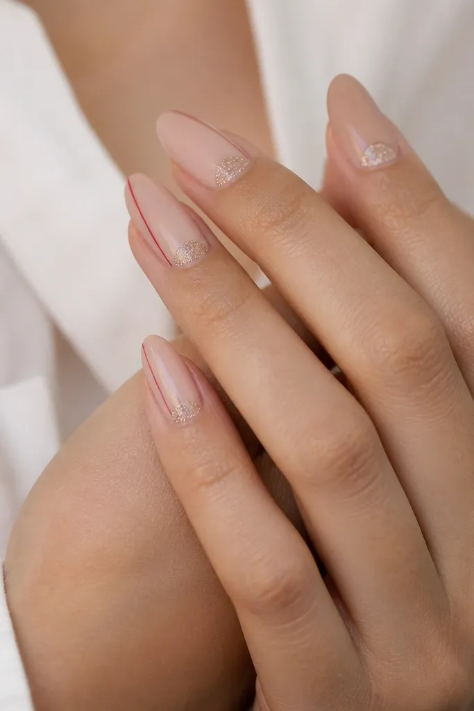 Medium almond nails in a sheer champagne nude. At the cuticle, a glitter half-moon in fine champagne sparkle wraps the base. On one nail per hand, there's a thin red line running diagonally from side to center.