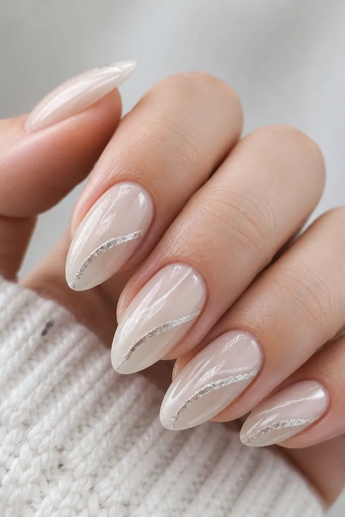 A close-up of almond-shaped nails on a light skin tone hand. The base is a milky icy nude. Fine white lines and slightly thicker silver streaks run diagonally like winter ice cracks, with a high-gloss top coat.