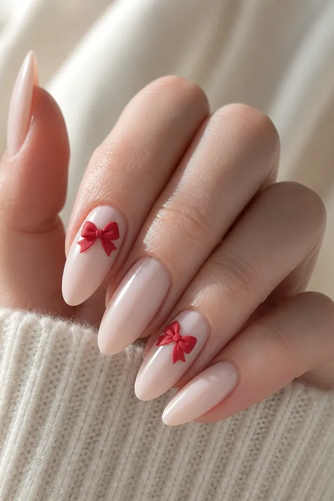 Almond nails with a creamy blush milk base. One or two nails feature a small red velvet bow design near the cuticle, with a matte red texture and tiny highlights on the bow folds.