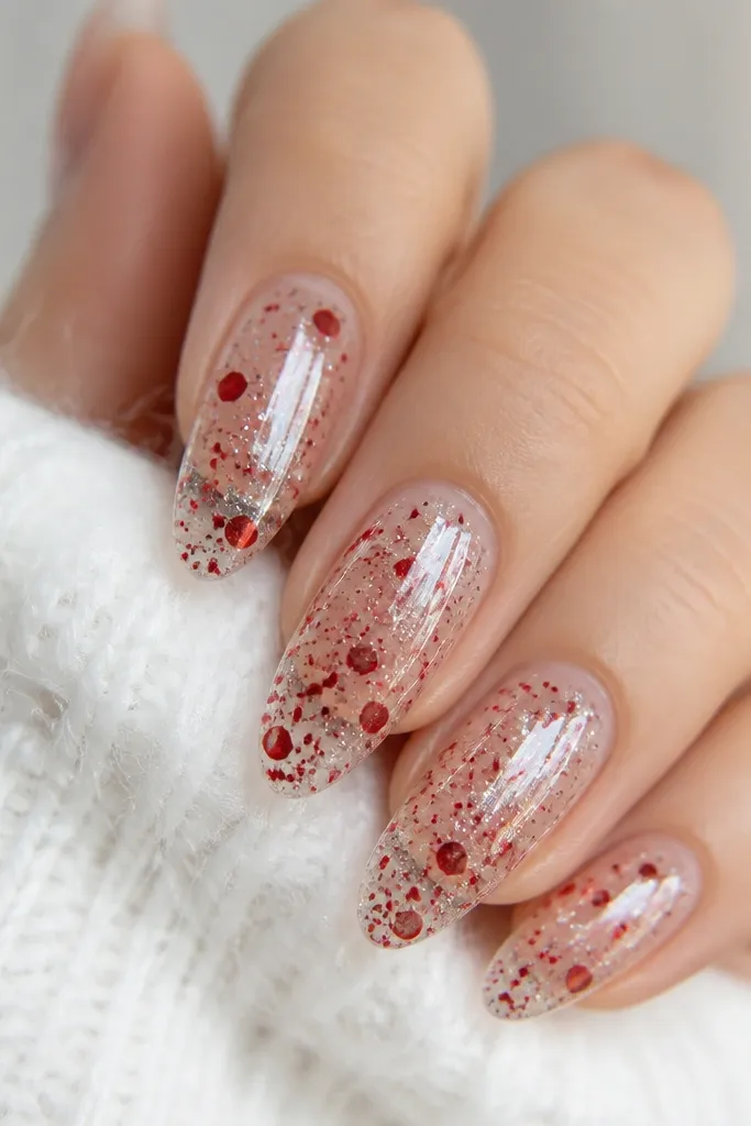Almond nails with a translucent clear base that looks like a snowglobe. Inside, there are floating red and tiny silver glitter specks. The surface is very glossy like glass.