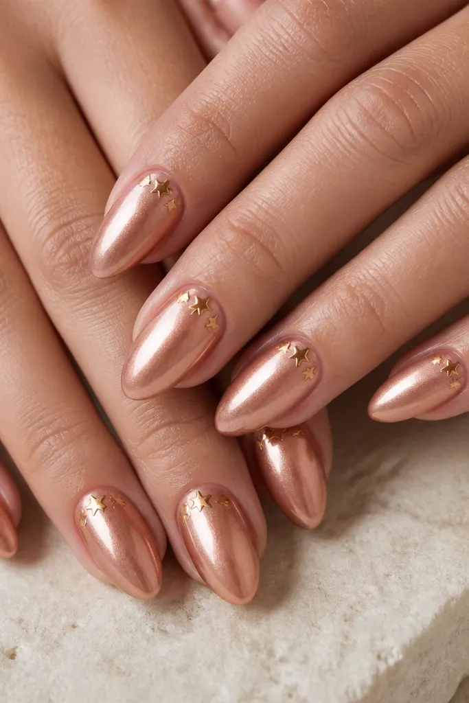 Almond nails with a glossy rose gold shimmer base. Near the cuticle on each nail are small star-shaped gold foil pieces. The rest of the nail is clean and reflective.