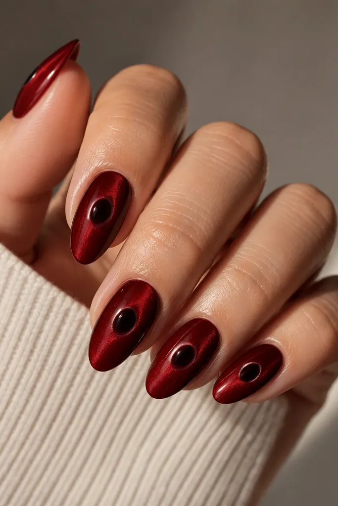 Almond nails with a deep velvet red finish (slightly soft, not mirror). Each nail has a small black cat-eye dot or orb in the center, with a subtle magnetic glow line.