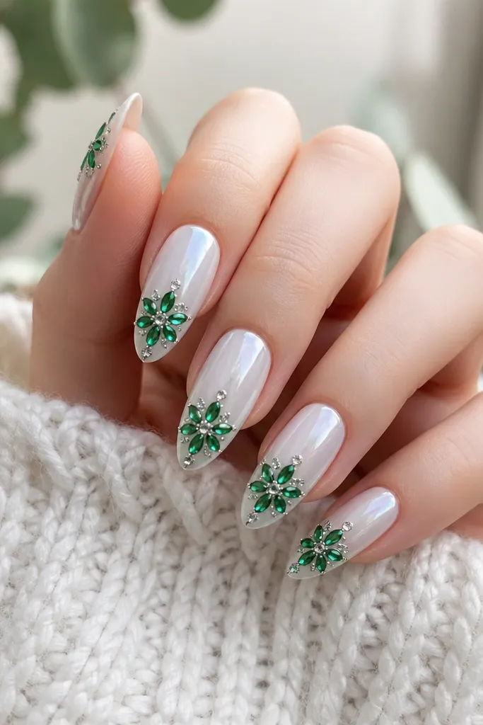 Almond nails with a white opal, pearly base. Each nail has a small green gem snowflake cluster near the tip, with a few clear crystal accents. The surface is glossy and smooth.