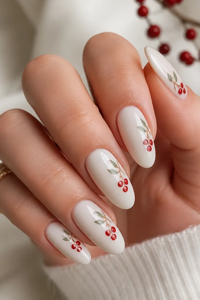 Almond nails with a creamy white base in a glossy finish. On each nail, there are small red berry clusters with thin stems and tiny green leaf accents, placed diagonally toward one corner.