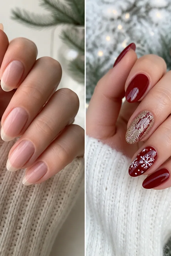 Before and after winter christmas nails almond shape transformation
