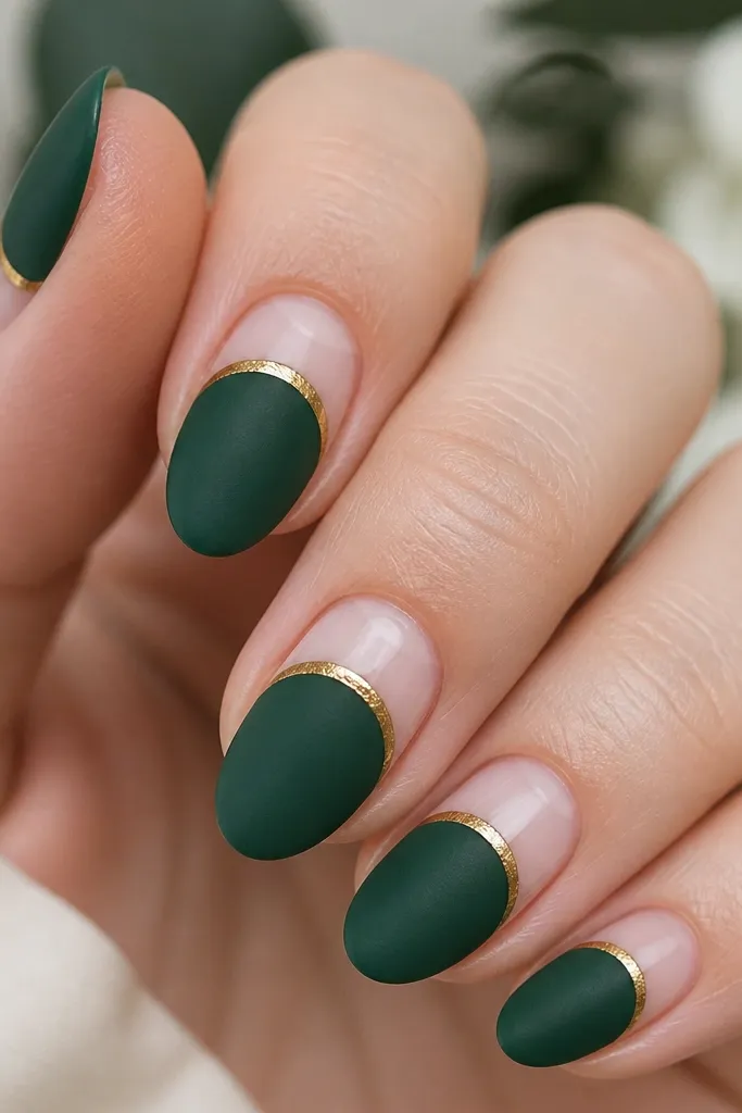 Close-up of short almond nails. The base is sheer milky pink. The lower half of each nail is painted deep emerald with a soft matte finish. A thin gold line frames the half-moon near the cuticle, and the rest stays sheer and clean.