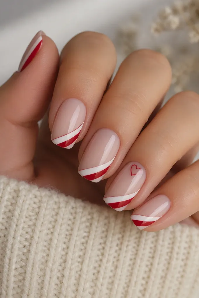 Medium-length squoval nails with a nude base. Only the tips have diagonal candy cane stripes: white on top, red beneath, separated by clear negative space. One accent nail has a small red heart outline near the cuticle.