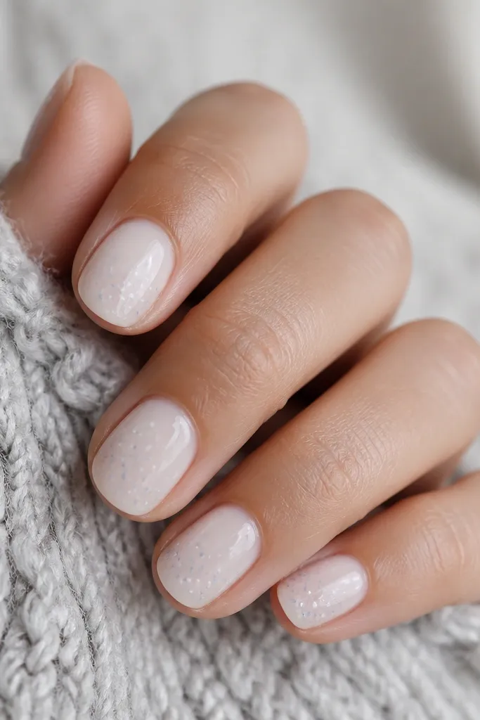 Short rounded nails painted milky white. Over it, scattered tiny dots in white and icy blue appear like snowflakes. The dots vary in size, and the cuticle area stays clean and sheer.