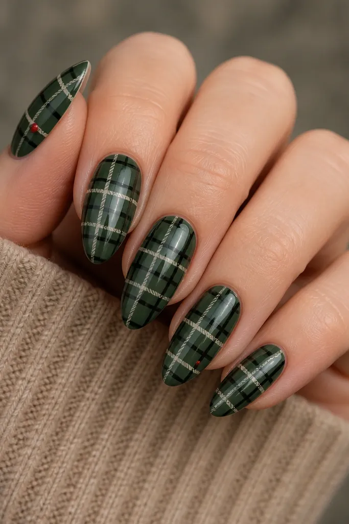 Almond nails with a deep green base. Over it, black lines form window squares, and inside the squares are thin off-white plaid lines. Two nails have a tiny red dot in one corner.