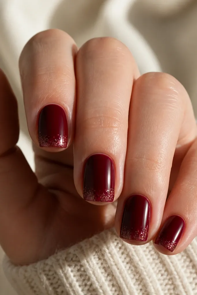 Short square nails in a deep wine red. The tips have a soft gradient of fine micro-glitter, concentrated at the very edge and fading toward the center. Cuticles are clean and the nails look glossy.
