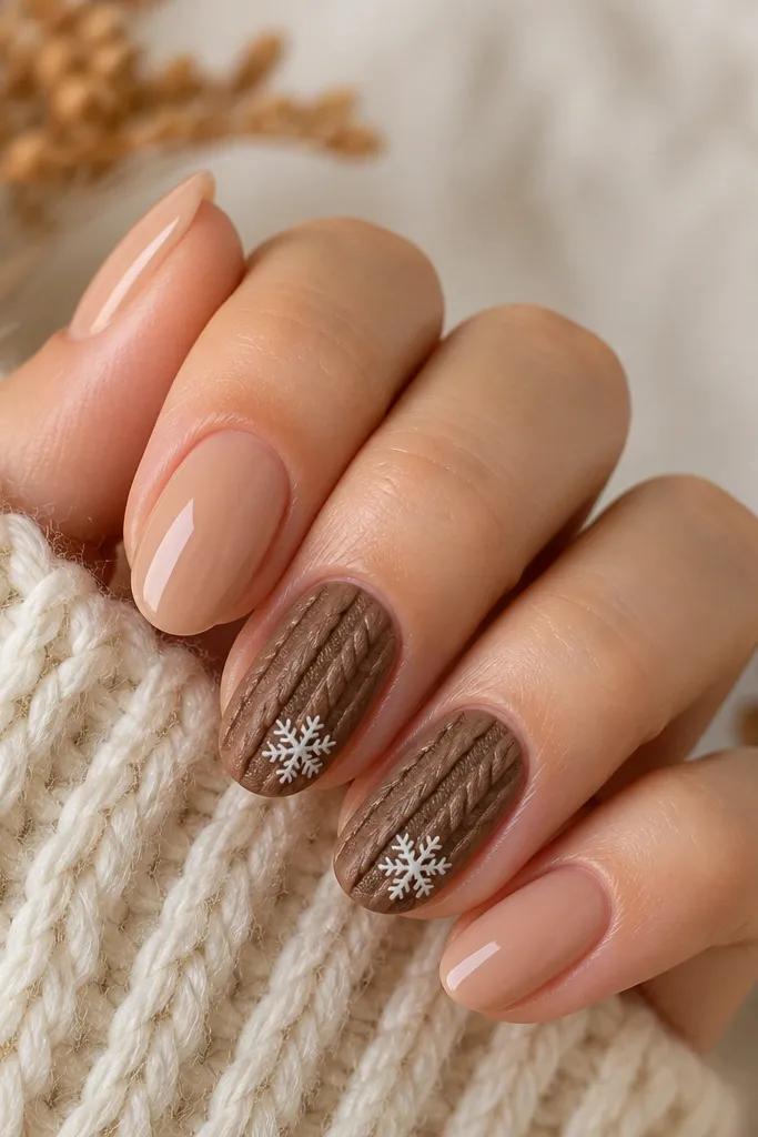 Nails are nude and glossy. On two accent nails, the surface has a raised-looking cable knit pattern in milk chocolate brown with a tiny white snowflake at the side. Other nails stay simple and clean.