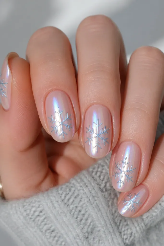 Nails have a sheer icy nude base. A thin chrome icy-blue outline forms a snowflake near the center of each nail. The rest of the nail is minimal with a high-shine chrome reflection.