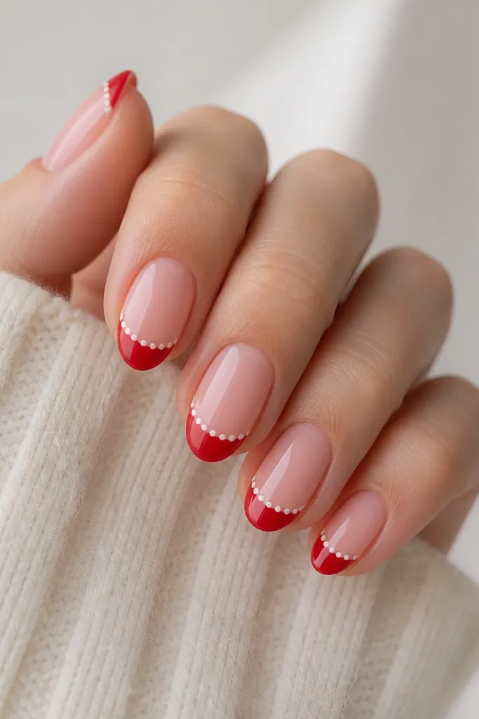 Short almond nails with a sheer pink base. The tips are classic red French. Across the boundary between base and red, a thin line of tiny white dots looks like a snowfall border.