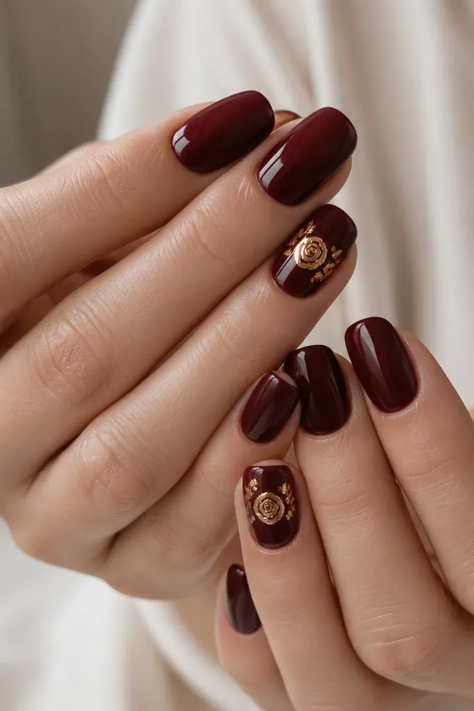 Medium squoval nails in glossy burgundy. On one accent nail per hand, there is a small rose-shaped foil patch in copper-gold near the cuticle, with a few foil flakes around it.