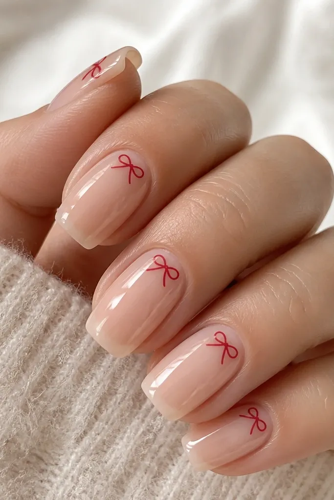 Long squoval nails with a clear jelly nude base and glossy finish. At one corner near the cuticle, a small red bow outline sits like a tiny gift ribbon. The rest of the nail is clean, with a slight jelly translucence.