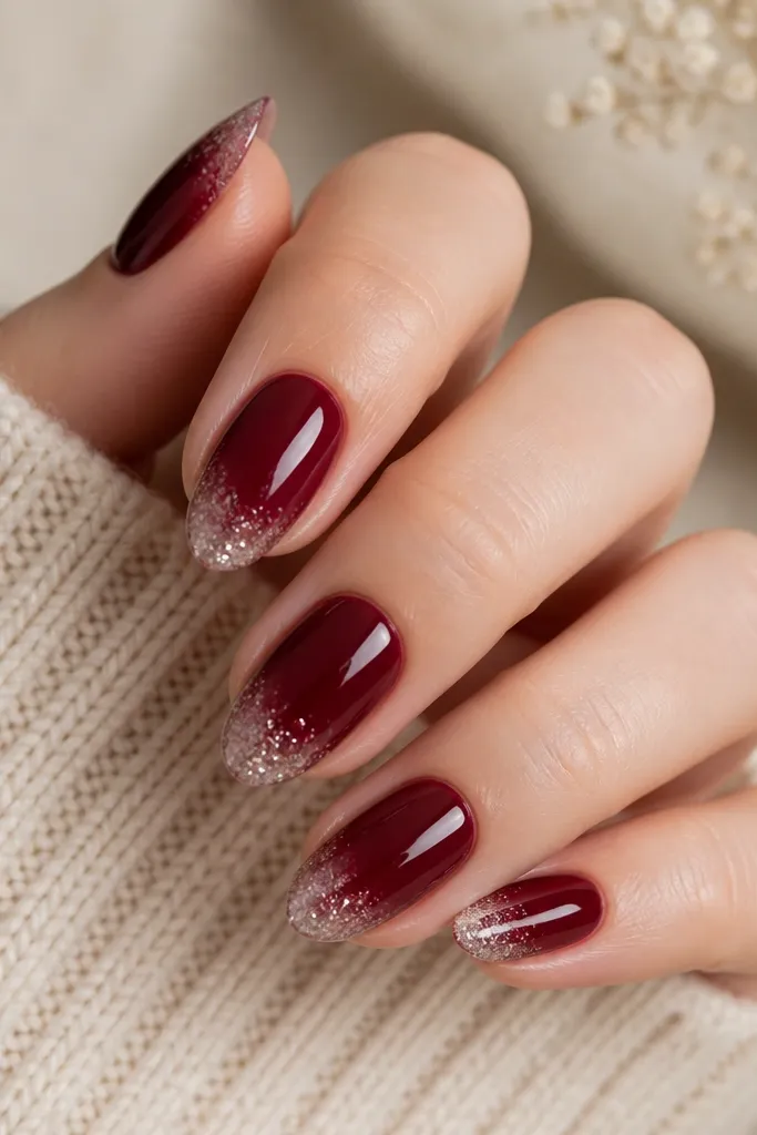 Short almond nails painted deep wine red with a soft ombre tip fading into clear glitter. The glitter is concentrated at the very edge like fresh snow, with a glossy clear top coat.