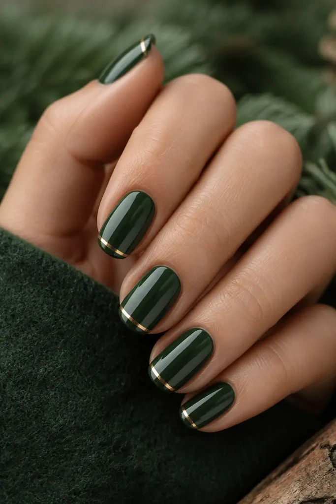 Nails in forest green with a very thin micro-French at the tip. A single gold striping line runs straight across the tip boundary, with a high-shine finish.