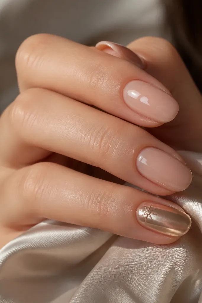 Glossy nude base nails with champagne-gold chrome on the accent nail. A small star sits near the cuticle area, with chrome sparkle and smooth reflective shine.