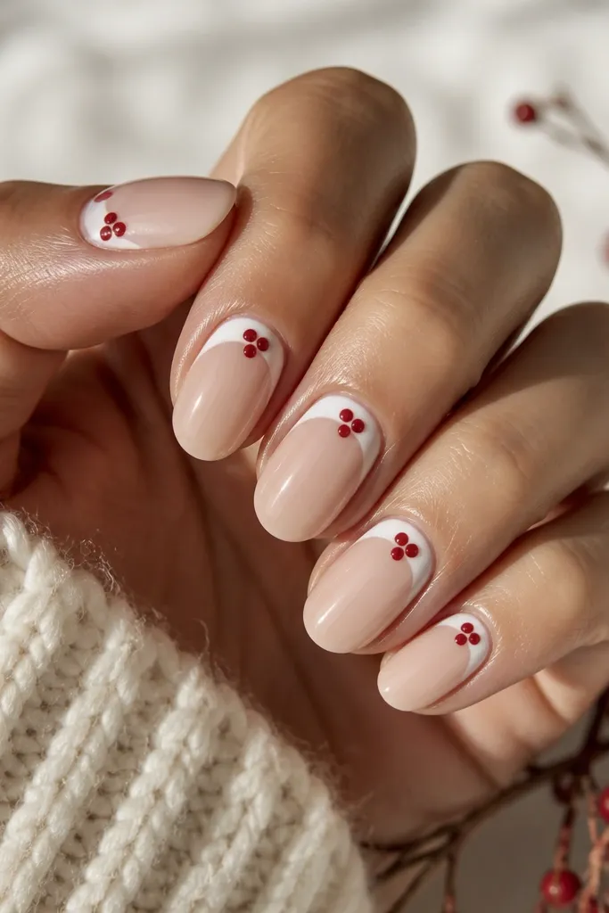 Nails with a nude base and a white half-moon near the cuticle. Two tiny red dots with a slight highlight sit along the half-moon, like berries, and the rest is glossy.