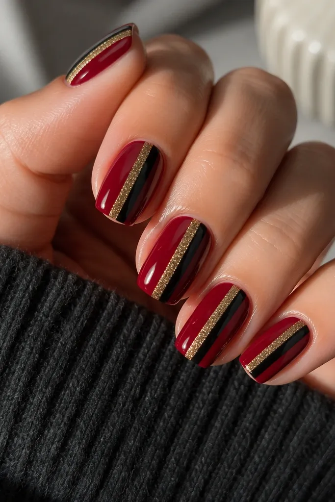 Nails painted deep red with a diagonal or straight band across the middle. The band has a black stripe and a fine gold glitter stripe, with glossy top coat over everything.